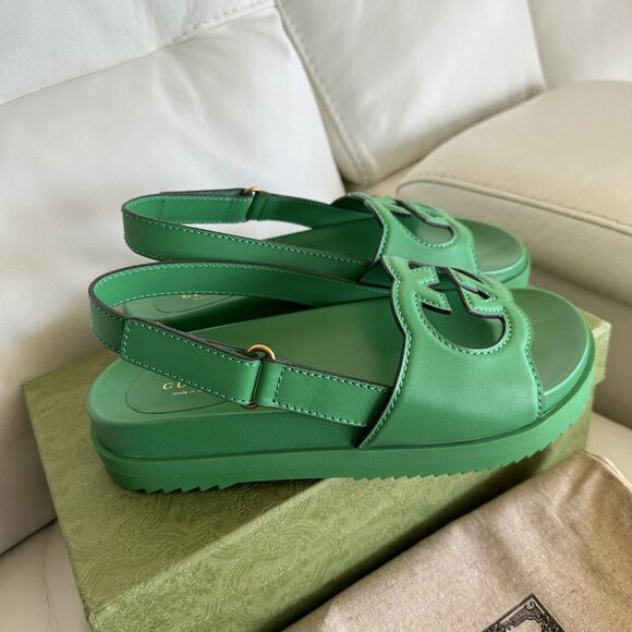 NEW GUCCI WOMENS SANDALS SLINGBACK LOGO GG GREEN SZ 39 - Picture 3 of 7